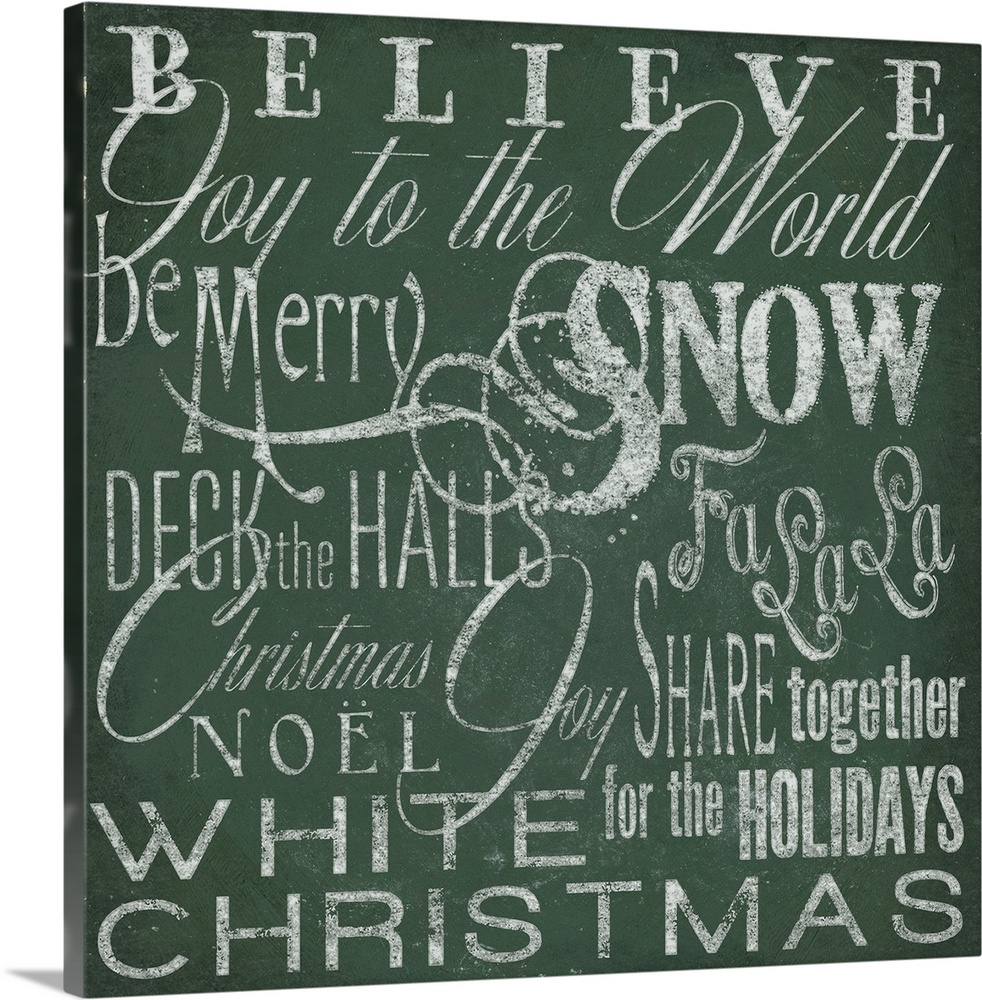 Typography panel of Christmas-themed text, including carol lyrics and festive themes such as "Joy to the World" and "White...