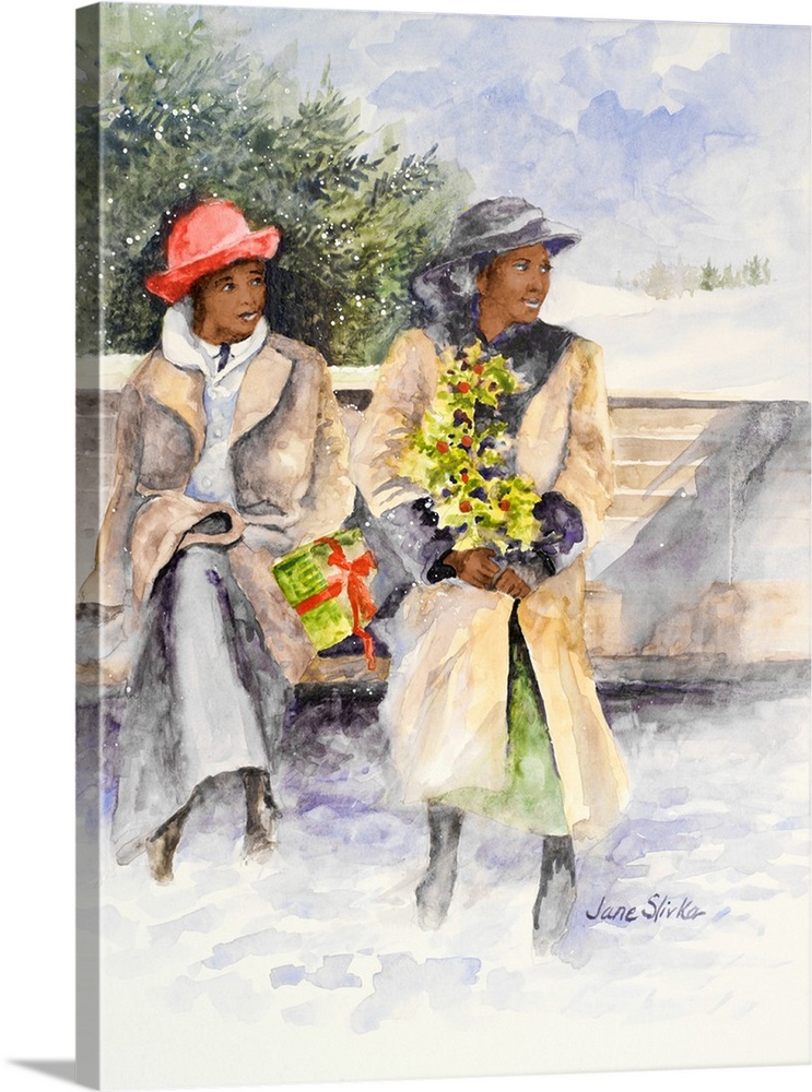 Two women in winter coats seated on a bench, holding presents.