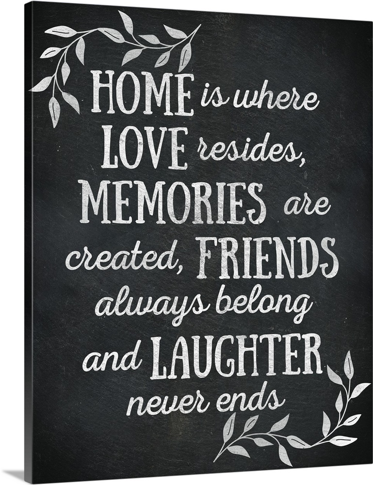 Chalkboard sign that reads "Home is where Love resides, Memories are created, Friends always belong and Laughter never ends"