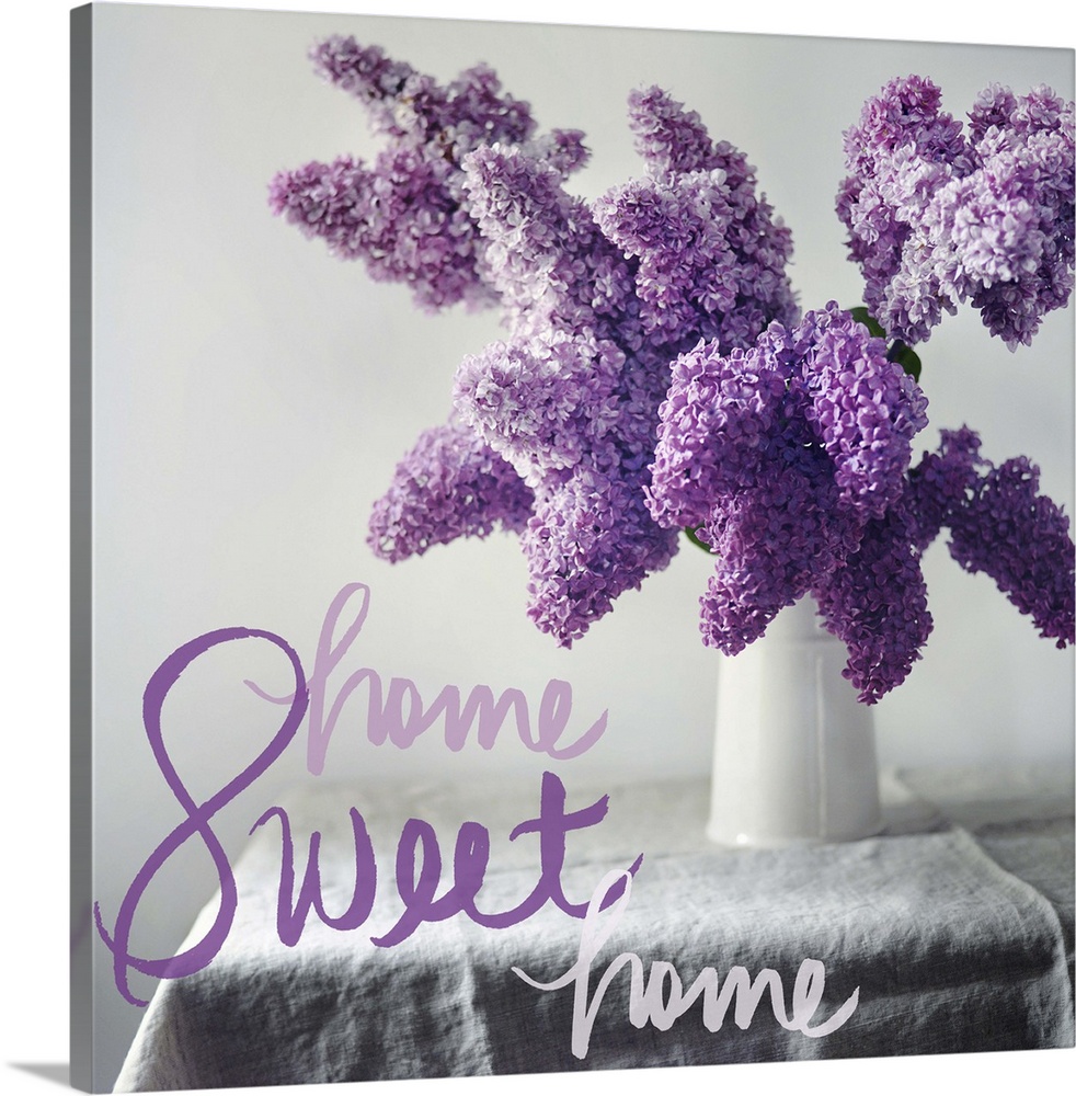A photograph of purple hydrangeas in a white vase on a table with the phrase "Home Sweet Home" written in different shades...