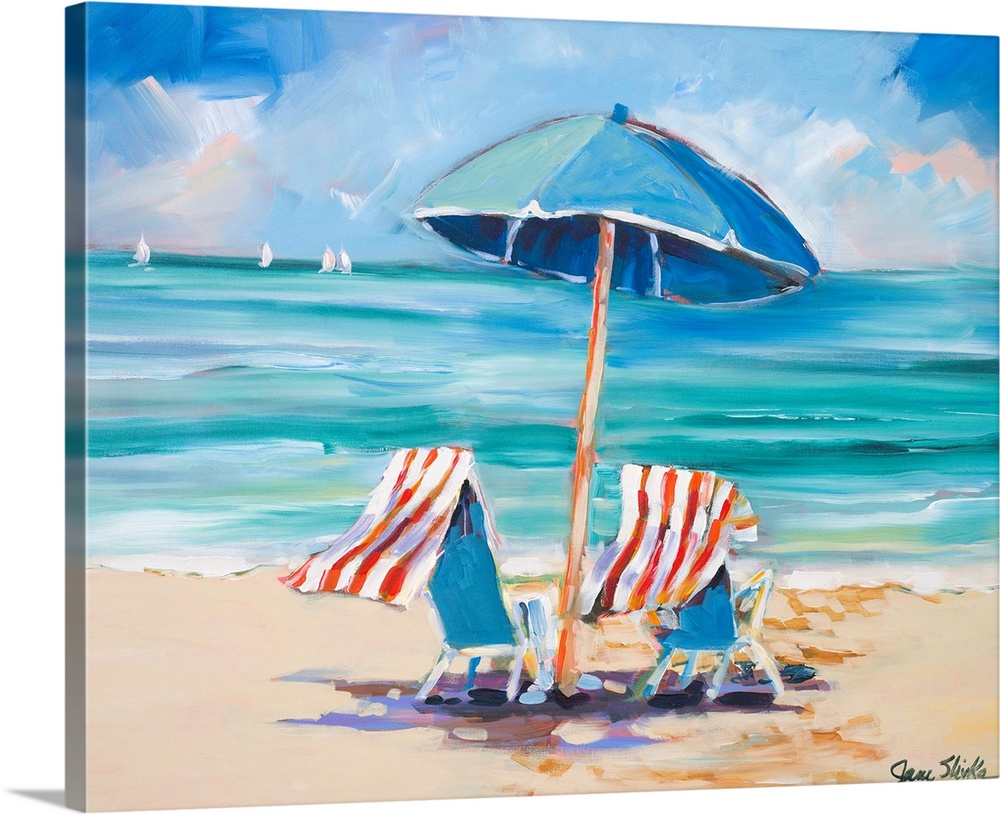 Painting of two beach chairs and umbrella at the water's edge.  There are sail boats in the distance.