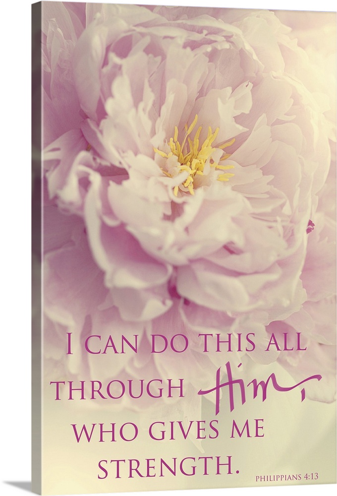 Photograph of a pink flower with a yellow center and the bible verse "I can do all though Him, Who gives me strength" Phil...