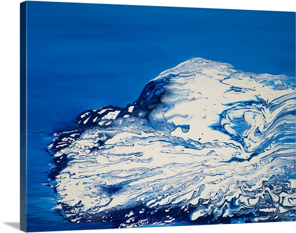 Abstract artwork in shades of blue and white resembling glacial ice.