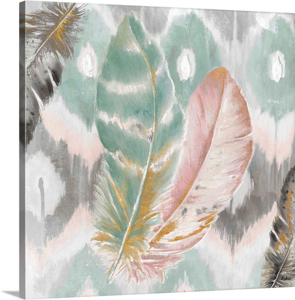 A watercolor painting of four feathers with a teal, pink, gold, black, and white ikat design.