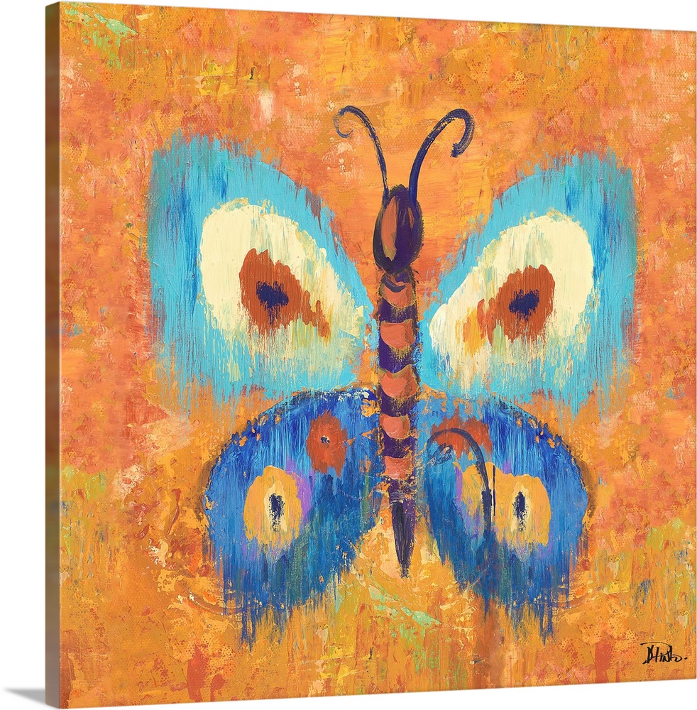Vivid painting of a butterfly with spotted wings on an orange background.