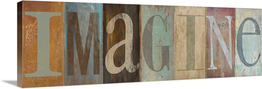 Panoramic painting of the word "IMAGINE."  Each letter is within a vertically oriented rectangle that varies in color.