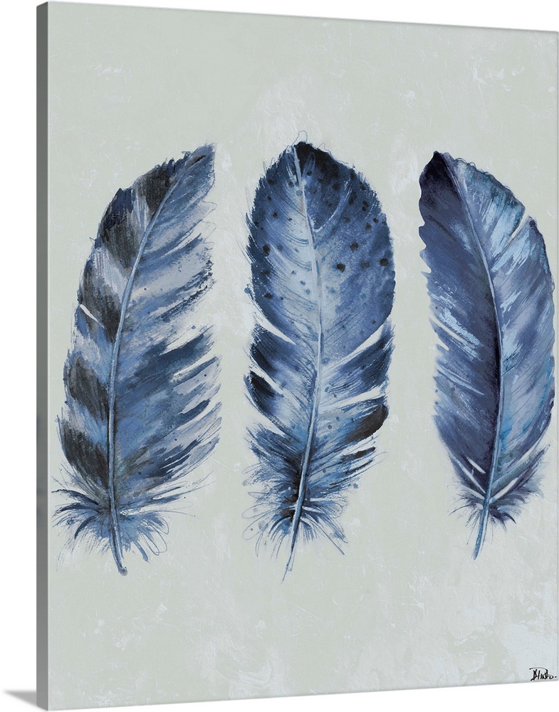 Painting of three dark blue feathers of varying patterns.