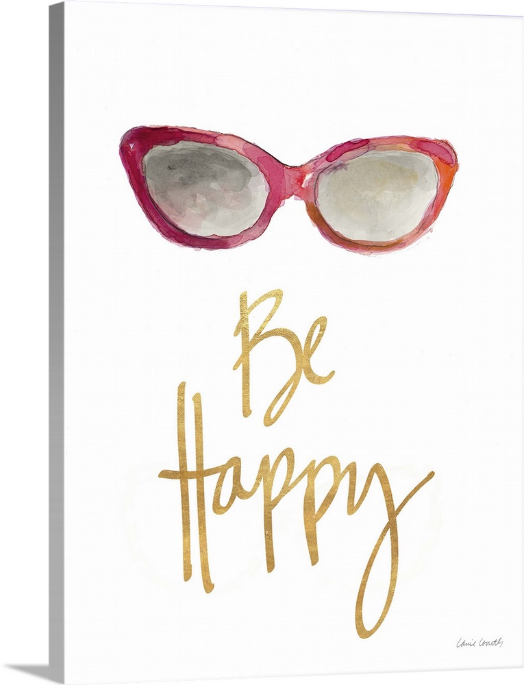 Watercolor painting of a pair of red and orange sunglasses with "Be Happy" written at the bottom in metallic gold.