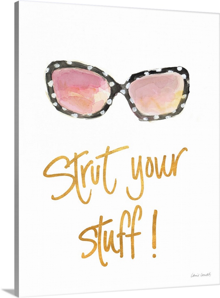 Watercolor painting of a pair of black sunglasses with white polka dots and "Strut Your Stuff" written at the bottom in me...
