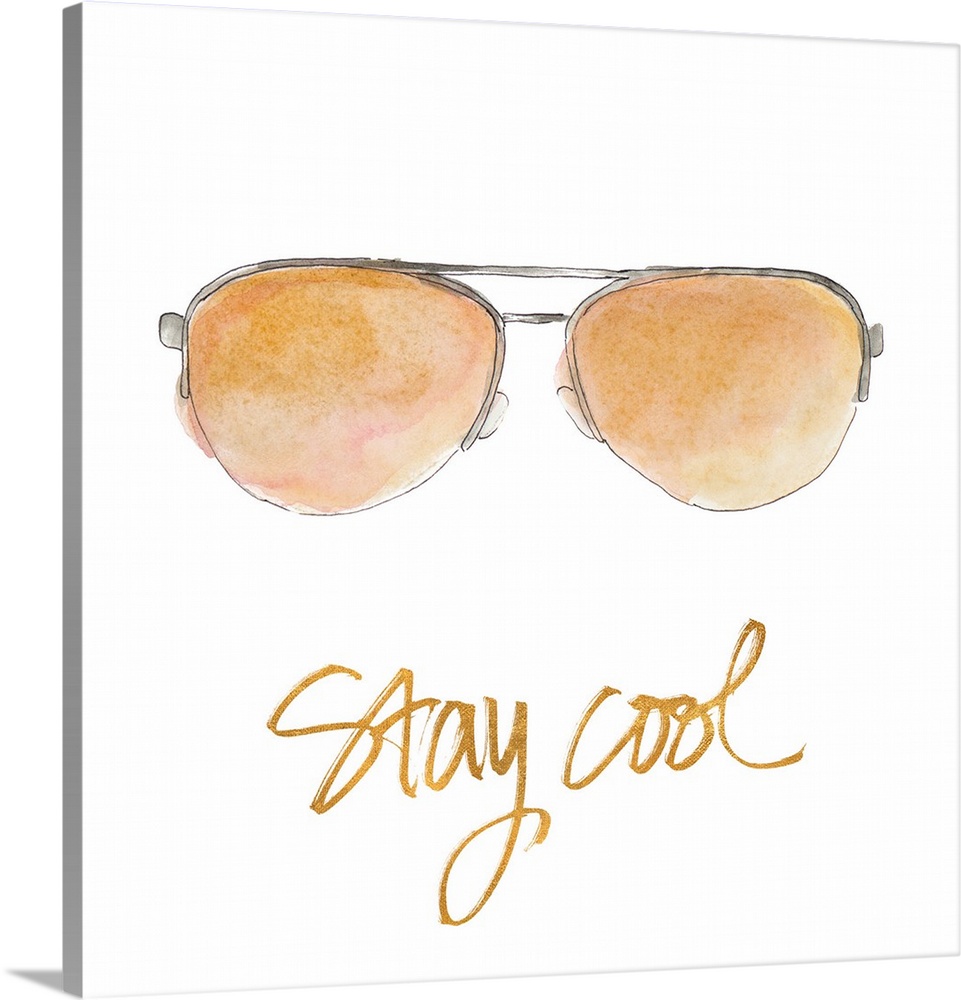 Square watercolor painting of sunglasses with the phrase "Stay Cool" written at the bottom in metallic gold, all on a whit...