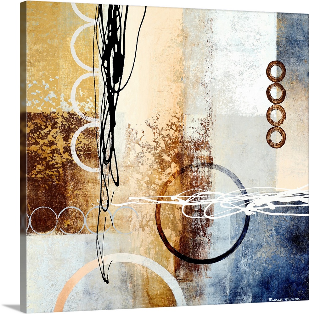 Contemporary abstract painting of circles varying in color and size that are overlain with ink scribbles.  The background ...