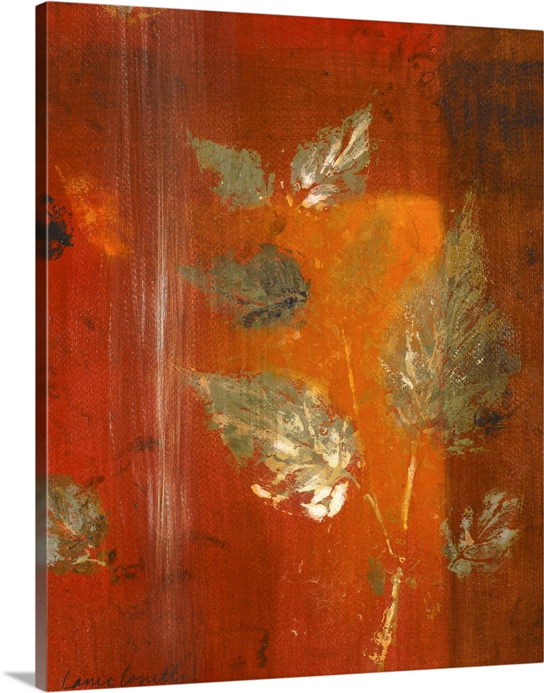 Contemporary artwork in oranges and reds with leaf imprints.