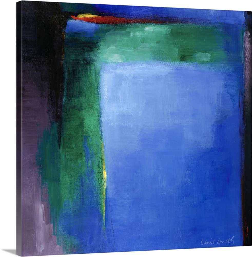 Square abstract painting by Lanie Loreth featuring large swatches of bold, cool colors.