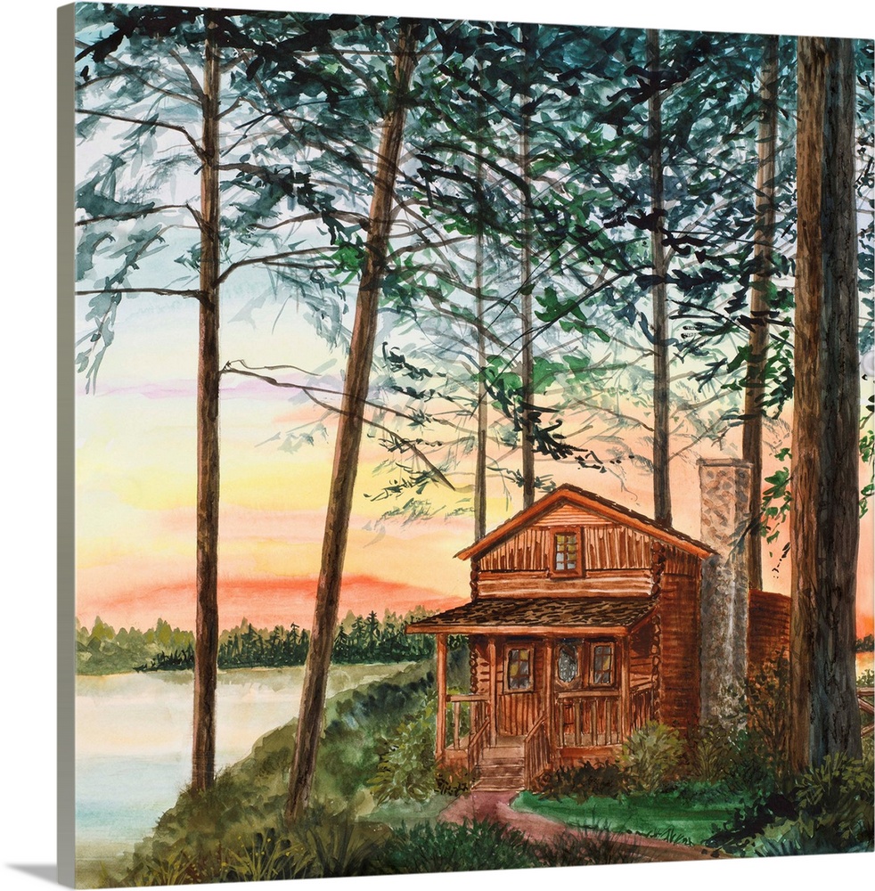 Painting of a cabin in the woods next to a lake, beneath tall trees at sunset.