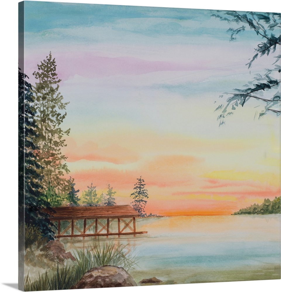Painting of a dock on a lake surrounded by trees at sunset,