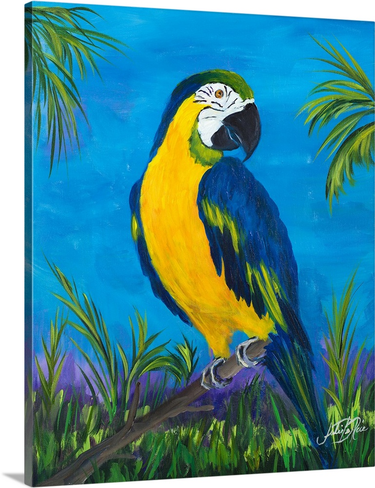 Contemporary painting of a parrot on a branch surrounded by lush green trees and plants with a bright blue sky background.