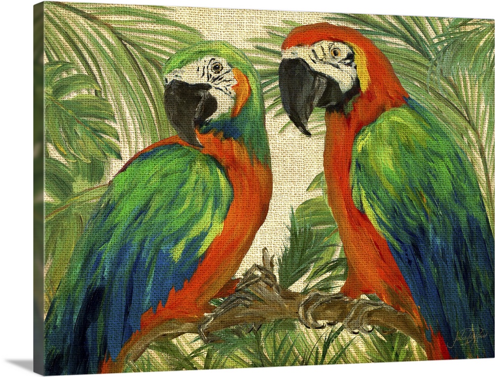 Contemporary painting of two parrots on a branch surrounded by lush green trees and plants on a burlap textured background.