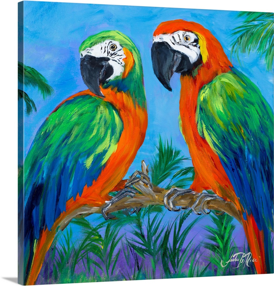 Square contemporary painting of two parrots on a branch surrounded by lush green trees and plants.