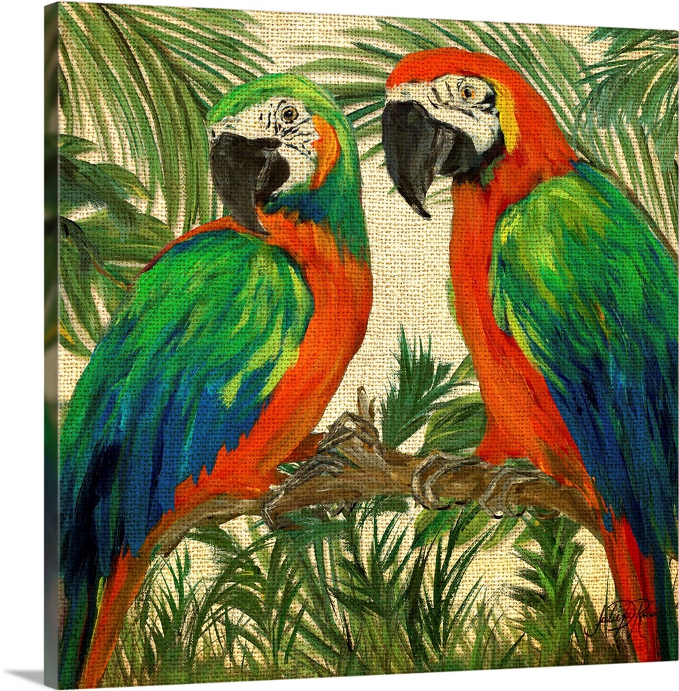 Square contemporary painting of two parrots on a branch surrounded by lush green trees and plants on a burlap textured bac...