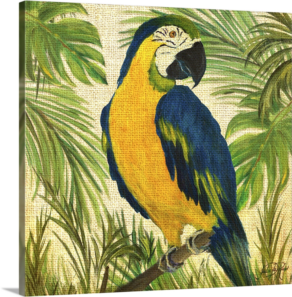 Square contemporary painting of a parrot on a branch surrounded by lush green trees and plants on a burlap background.