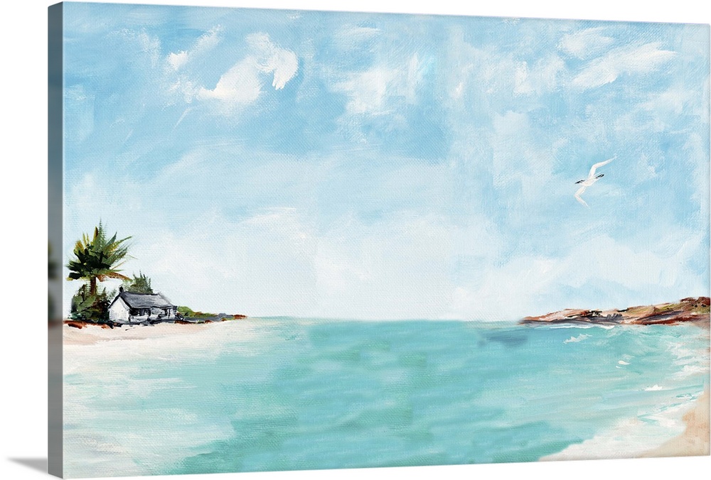 Contemporary painting of an island with a house right on the shore next to the crystal blue ocean water.