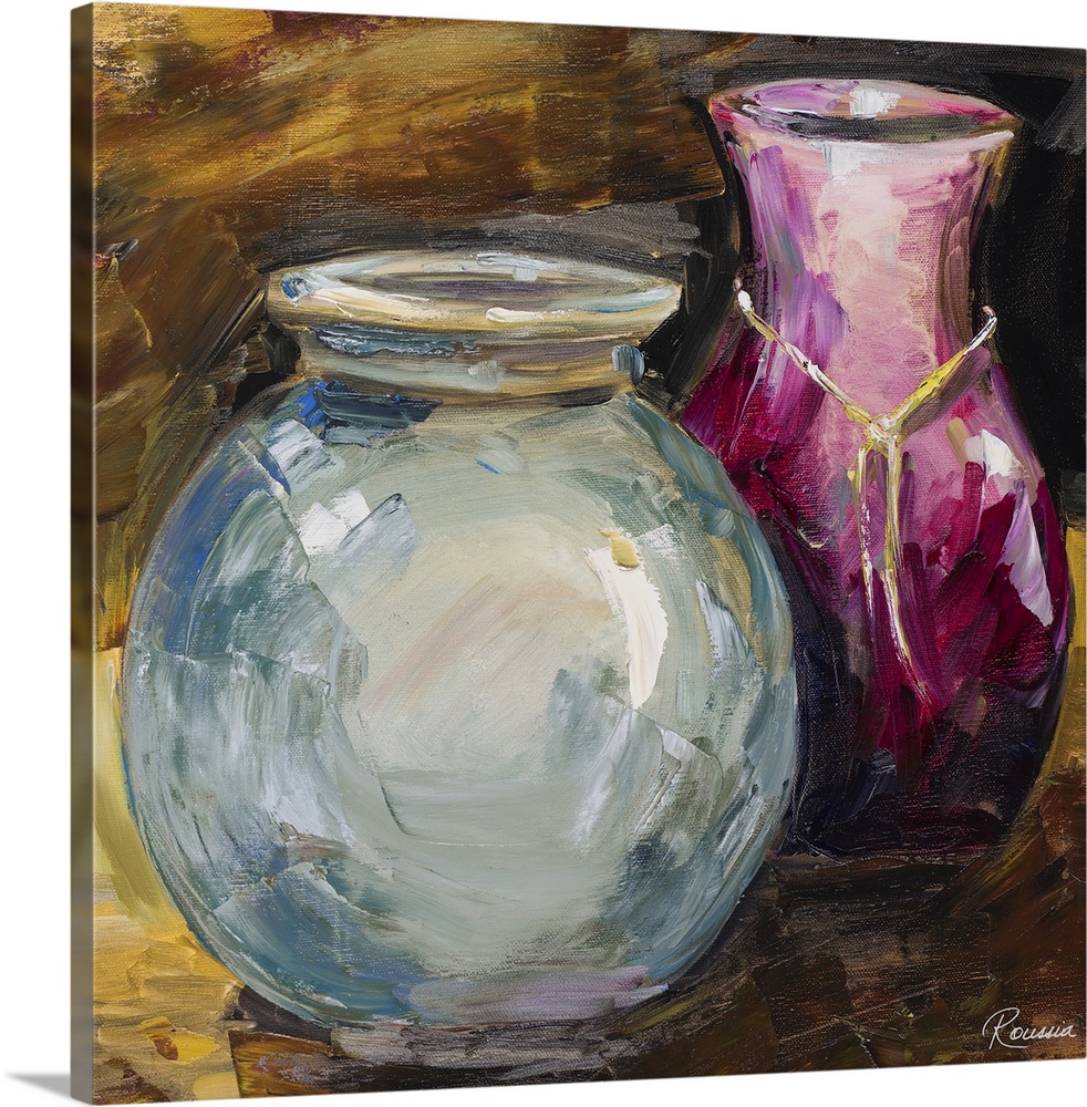 Contemporary artwork of a blue and pink vase.