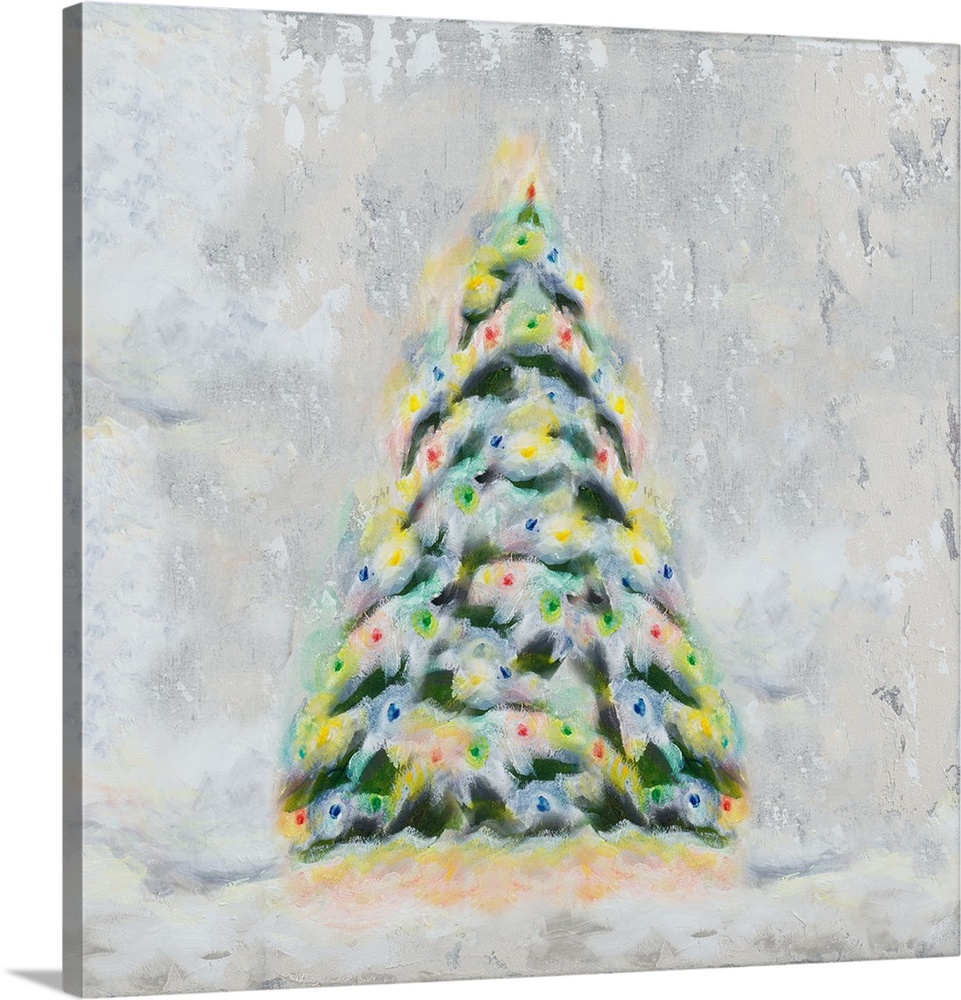 A painting of a snowy and colorfully lit Christmas tree outside.