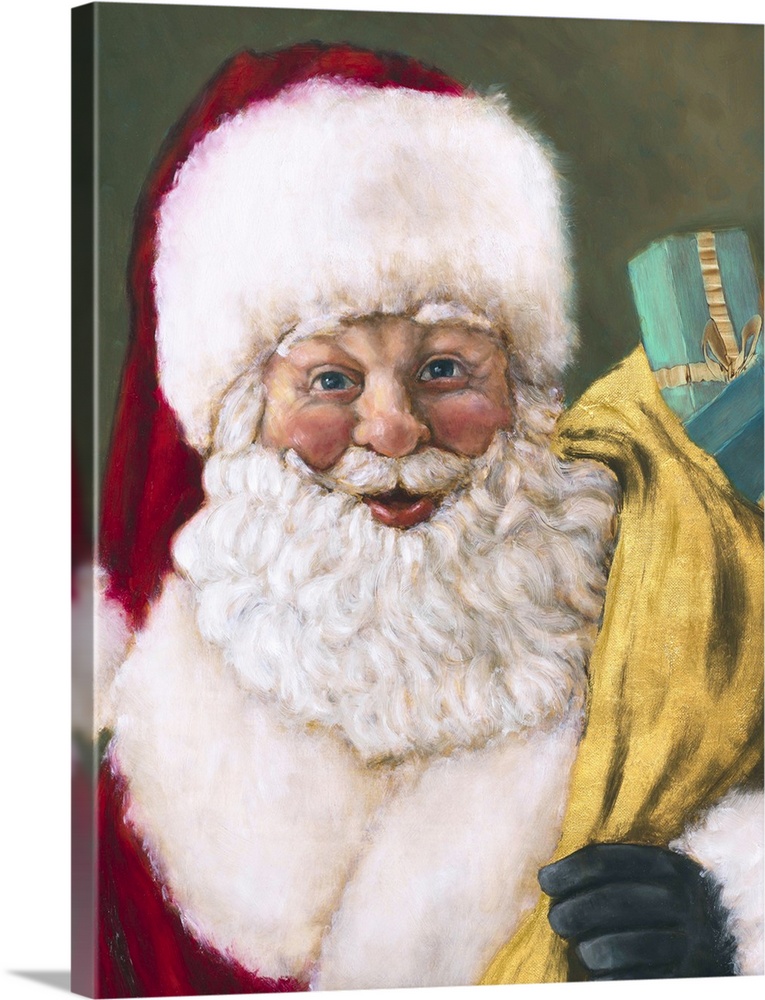 Painting of Santa Claus carrying a large bag of presents.