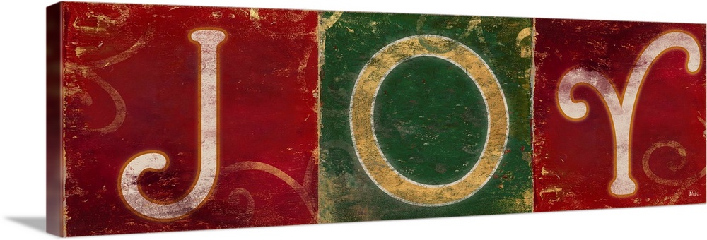 Seasonal artwork of the word "Joy" in green and red squares.
