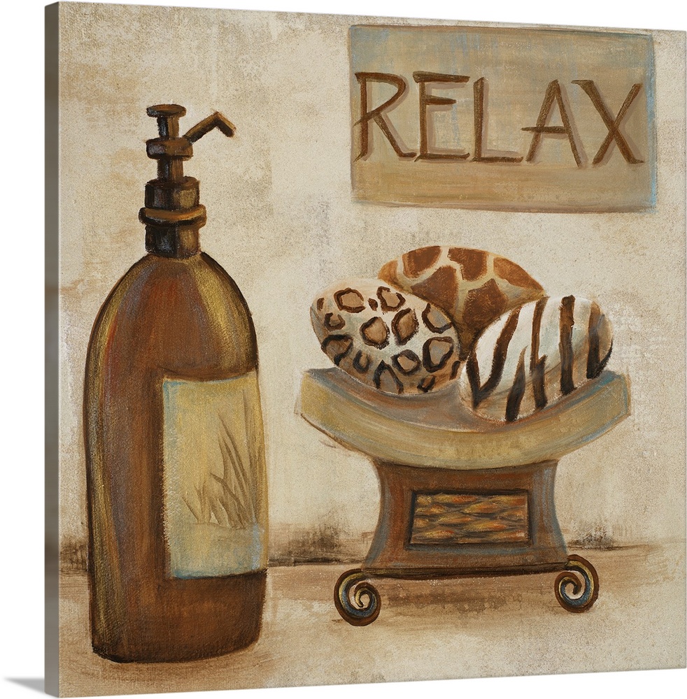 Square painting of a lotion bottle, smooth soap bars and a relax sign on a grungy background.