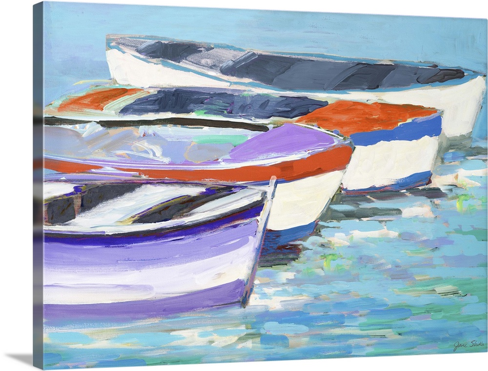 Painting of four boats in a row on the water.