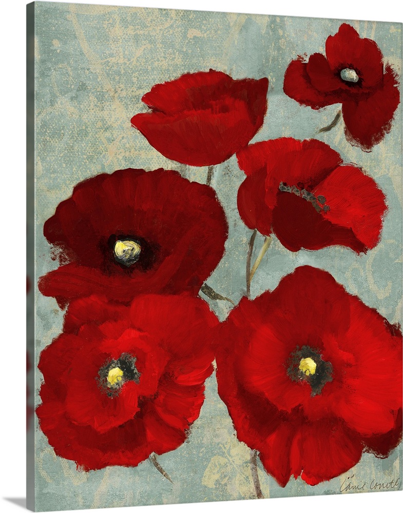Contemporary art piece of bright red poppy flowers on a textured cool background.