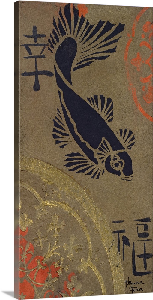 Vertical painting on canvas of the silhouette of a koi fish and other various shapes and patterns on dark neutral background.