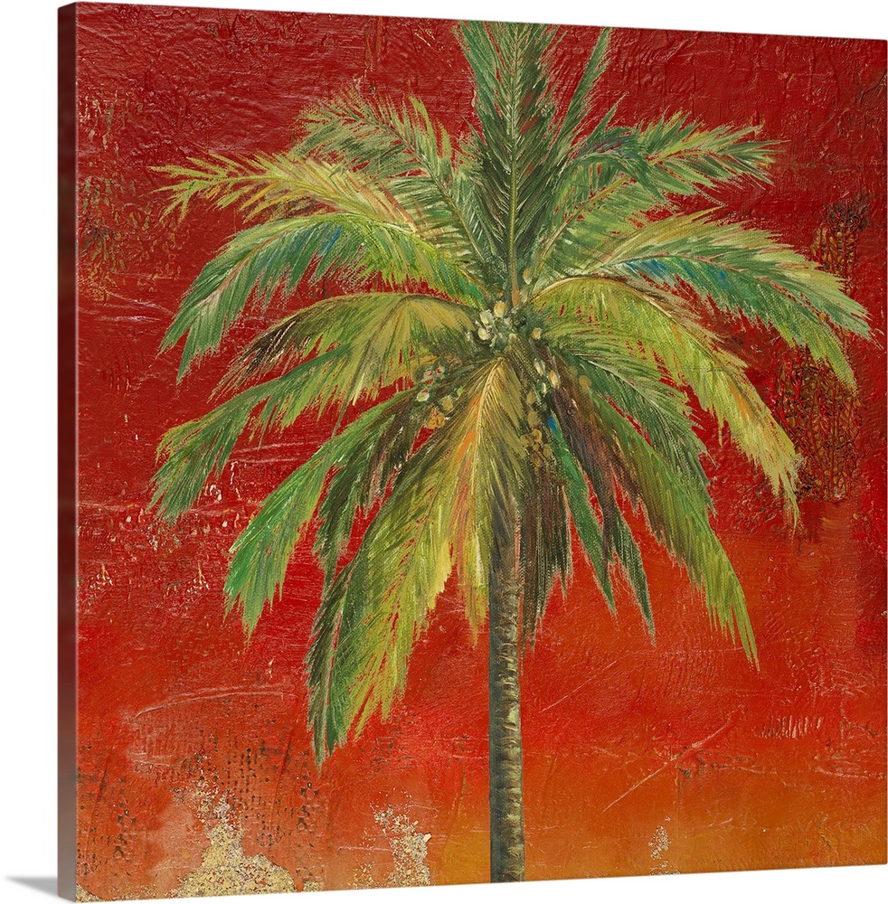 This mixed media art work is a realistic painting of a palm tree against and abstract high textured background.