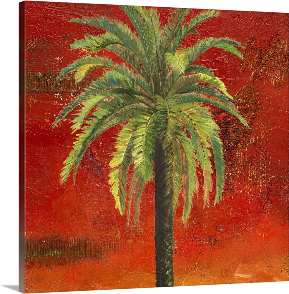 Square painting on canvas of a palm tree with a textured and grungy back drop.
