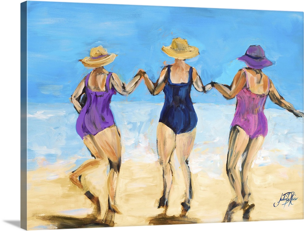 Painting of three ladies in hats and swimsuits playing on the beach.