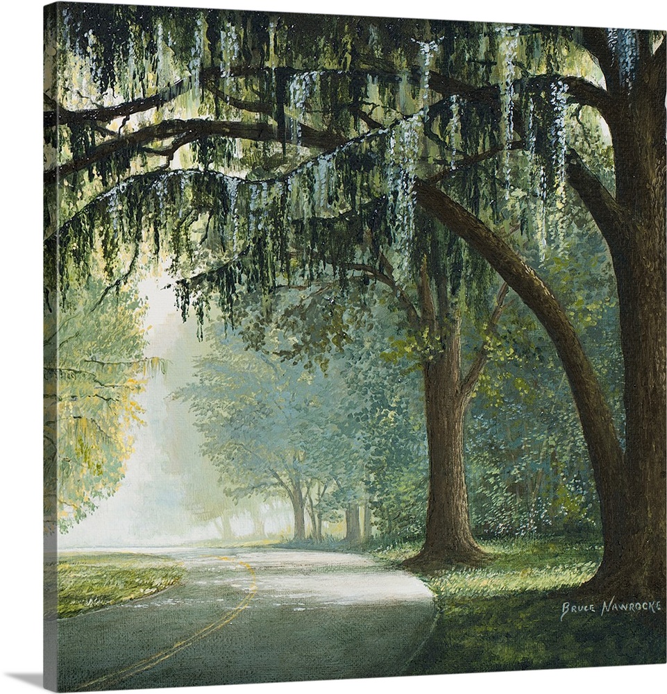 Contemporary painting of a road passing through a shady forest.