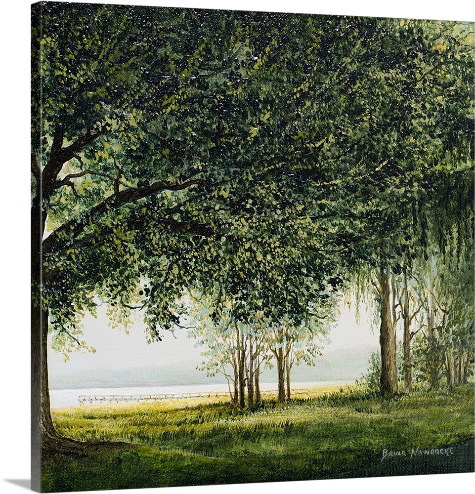 Contemporary painting of trees along the edge of a lake.
