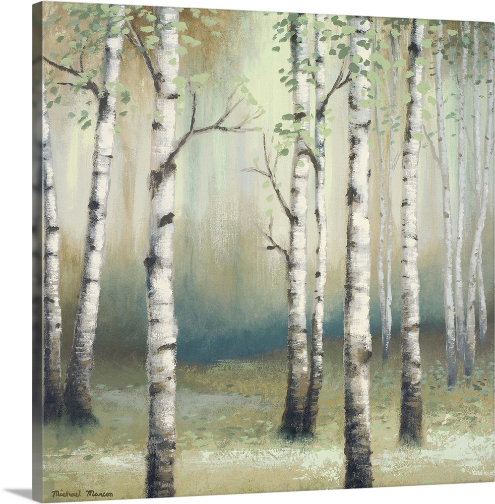 Painting of thin white birch trees in a dark eerie looking forest.