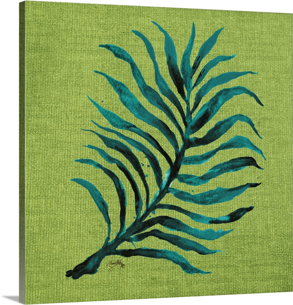 Square watercolor painting of a blue-green palm leaf on a green burlap background.