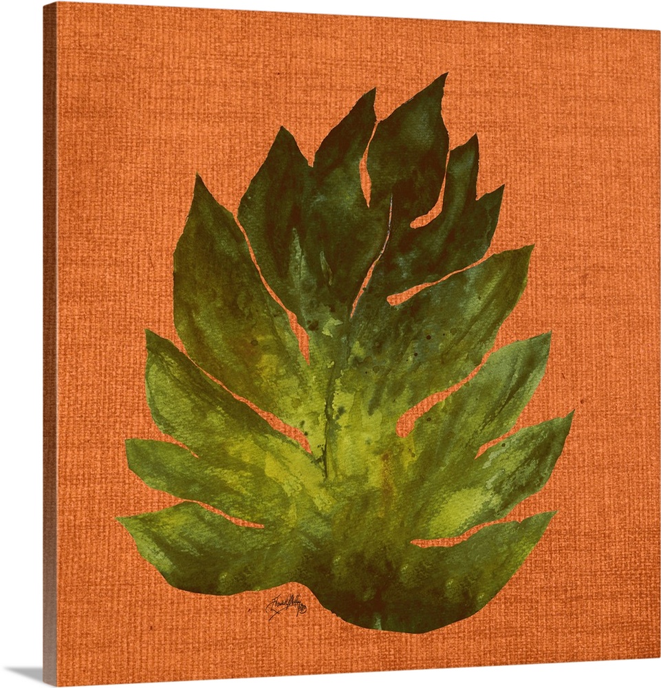 Square painting of a big green leaf on an orange burlap background.