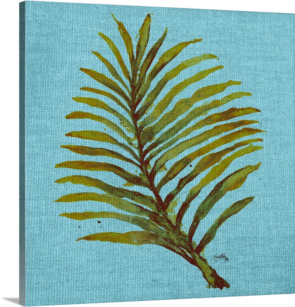Square watercolor painting of a green palm leaf on a light blue burlap background.