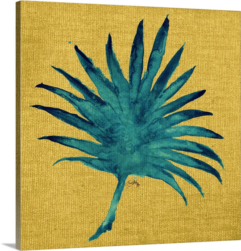 Square painting of a teal palm leaf on a yellow burlap background.