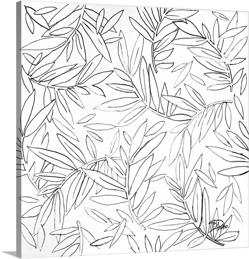 A black and white sketch of leaves and branches.