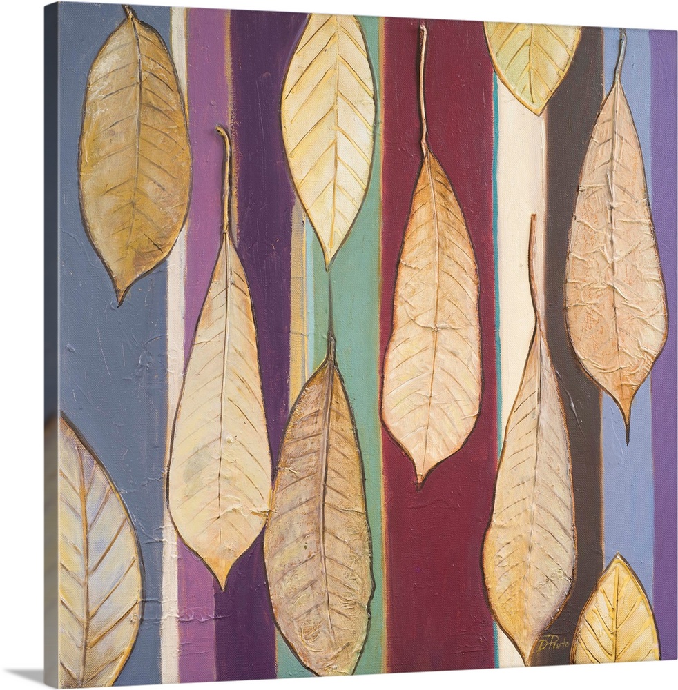 A contemporary painting of brown leaves with textured veins on a colorfully striped background.