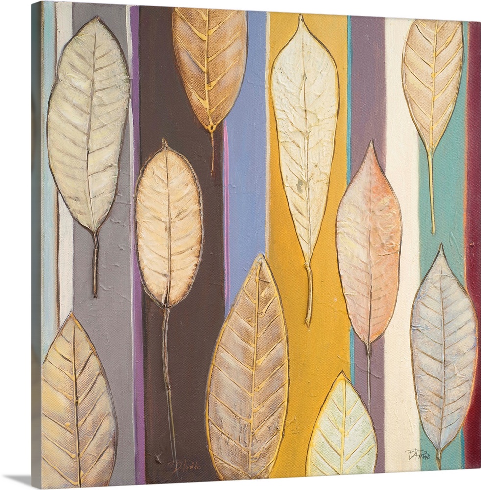 A contemporary painting of brown leaves with textured veins on a colorfully striped background.