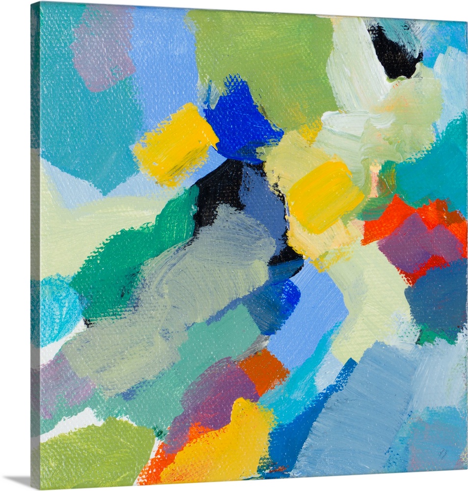 This abstract artwork features bright blocks of color scattered in a energetic manner.
