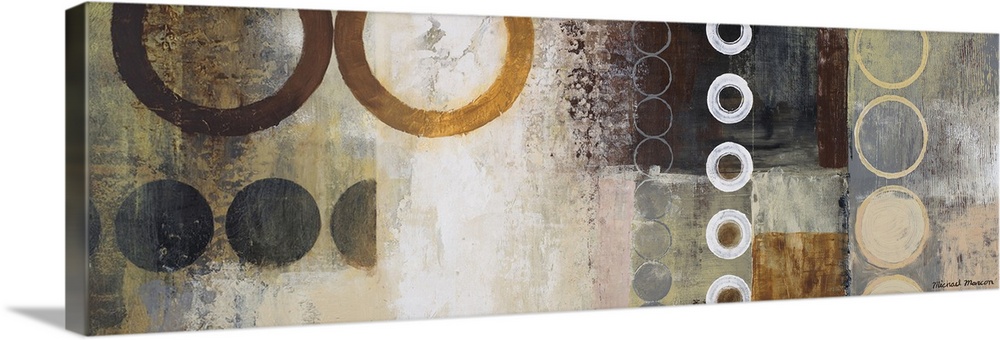 Panoramic abstract painting of different sized circles over top of a grungy background.