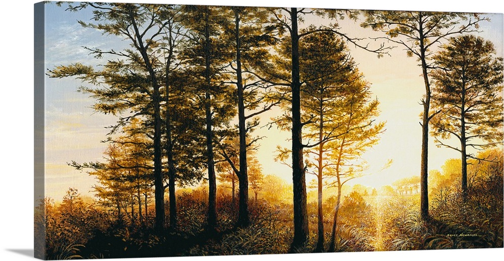 A painting of the woods with a bright yellow sunrise.