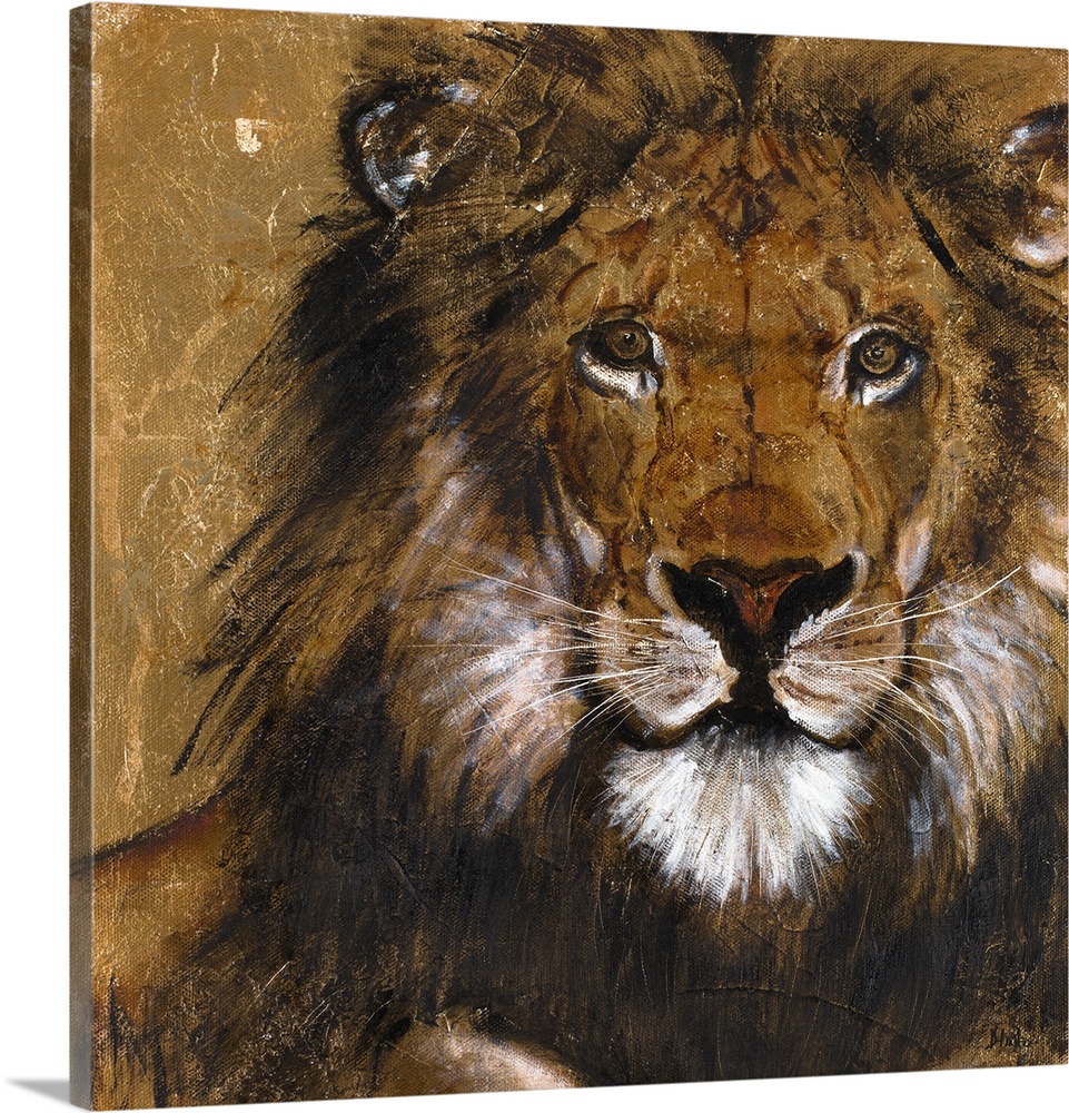 Contemporary artwork featuring a fierce lion and paint splatters throughout.